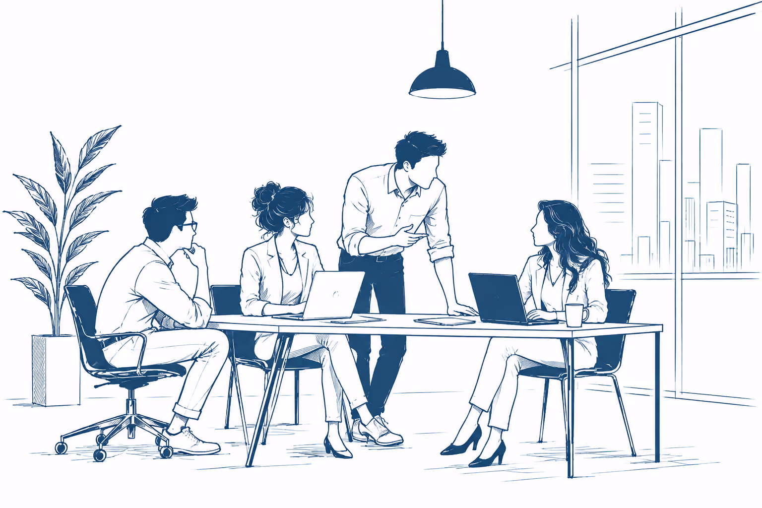 Illustrated team of loan officers collaborating around a table with laptops in a modern office